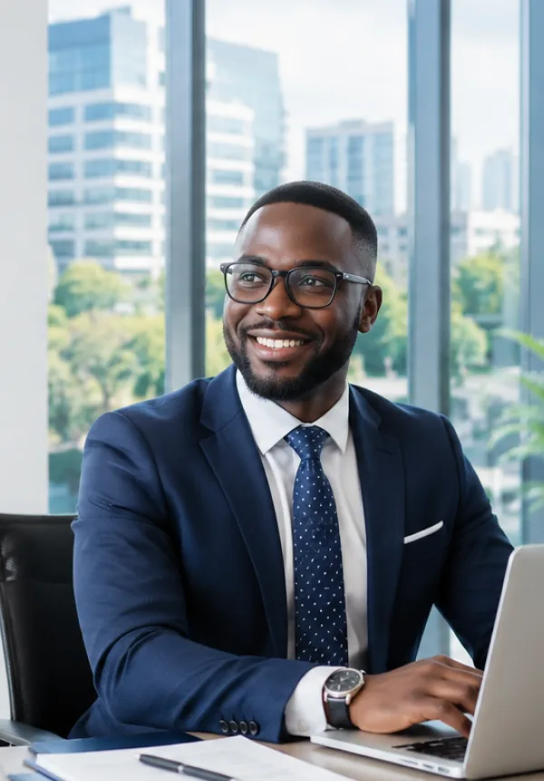 An employee working at a desk in a bright office