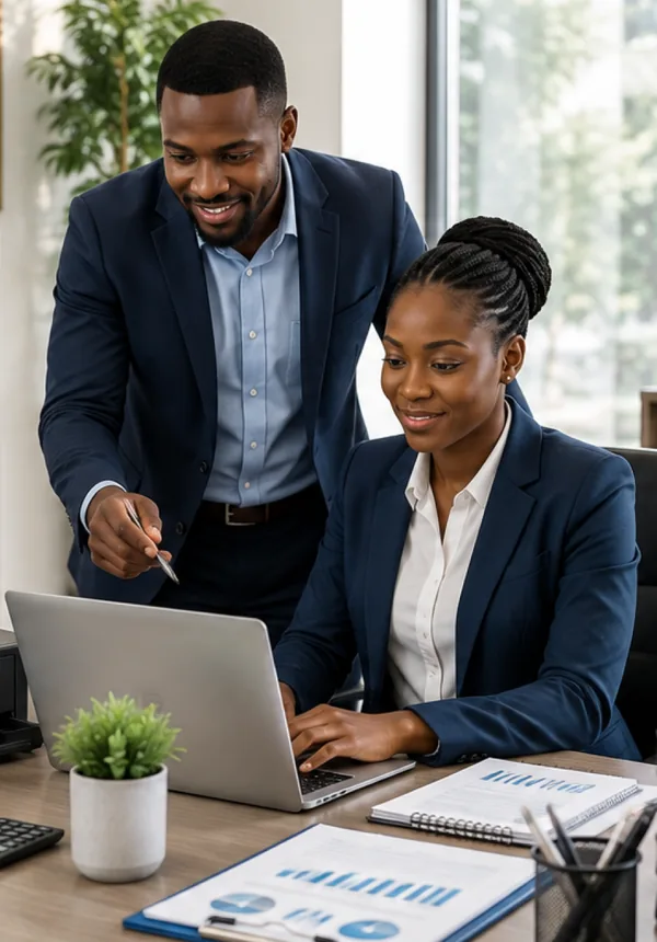Two colleagues reviewing figures on a laptop in an office