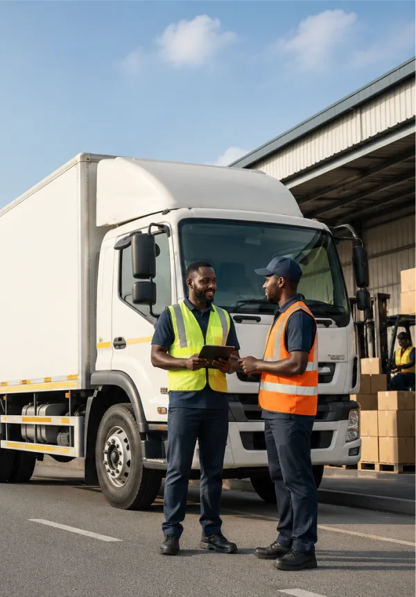 Two workers in high-visibility vests checking paperwork beside a delivery truck