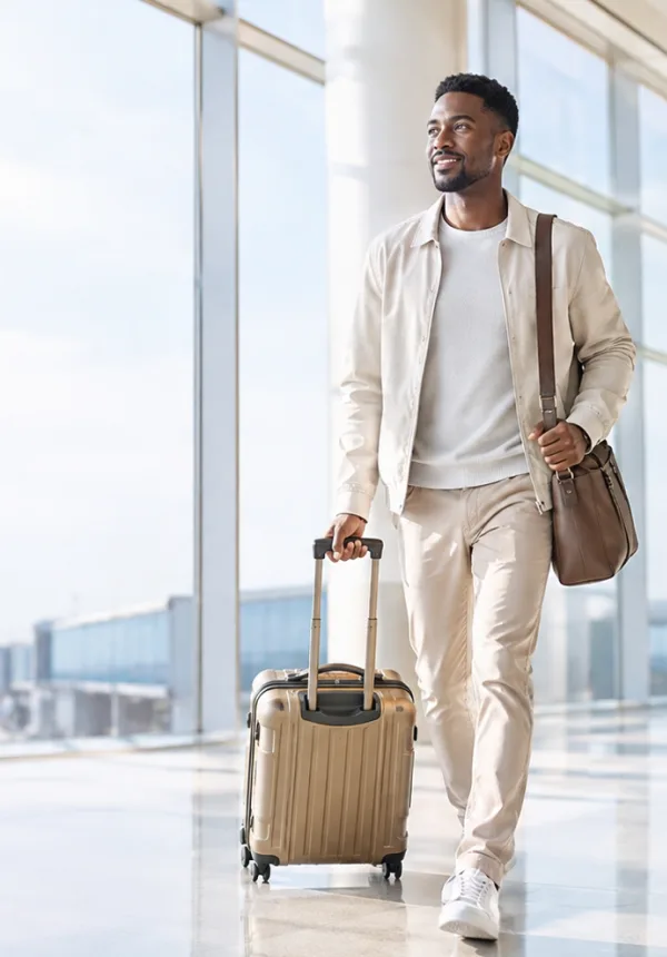 A traveller walking through an airport terminal with a suitcase and shoulder bag